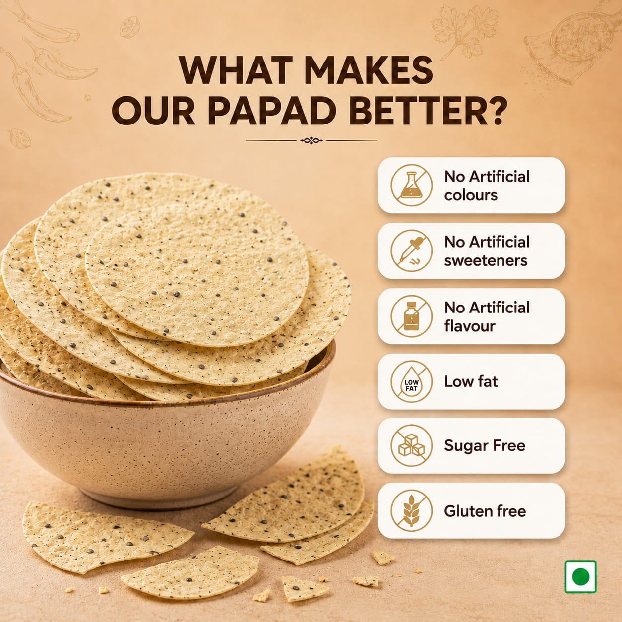 KKJI Teekha Papad . ZERO palm oil ,Authentic. Diameter (in cm) - 13.9